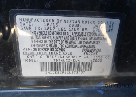 2016 Nissan Versa Note S Plus z USA, uszkodzony, nr VIN 3N1CE2CP1GL373907